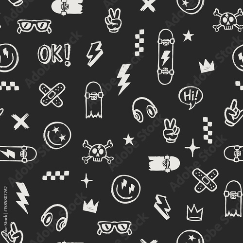 Hand-drawn doodle seamless pattern with cool icons like skulls, smile faces, lightning bolts, skateboards, hand signs, and more. Perfect for t-shirts, merch, and streetwear graphics.