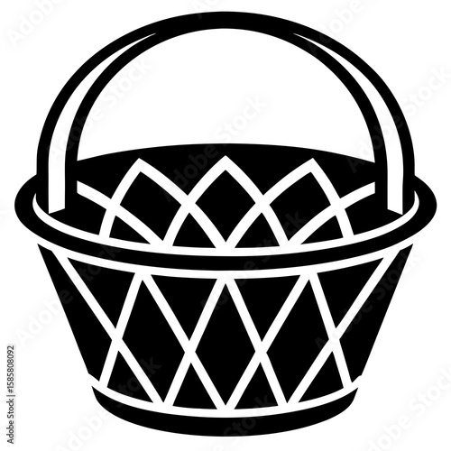 A traditional woven basket with a handle, isolated on a white background