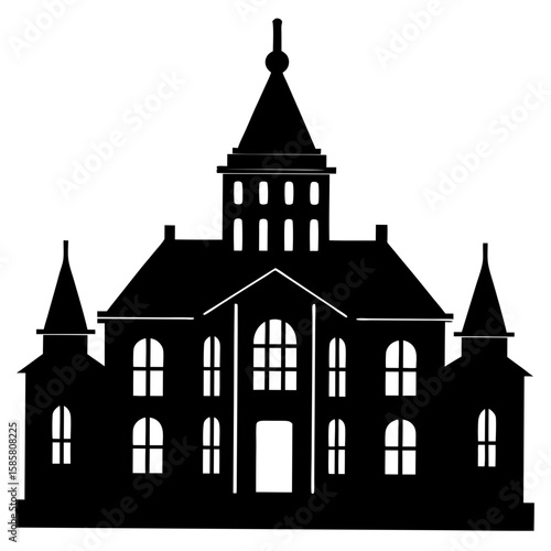 A grand historic building silhouette with ornate windows and a central tower