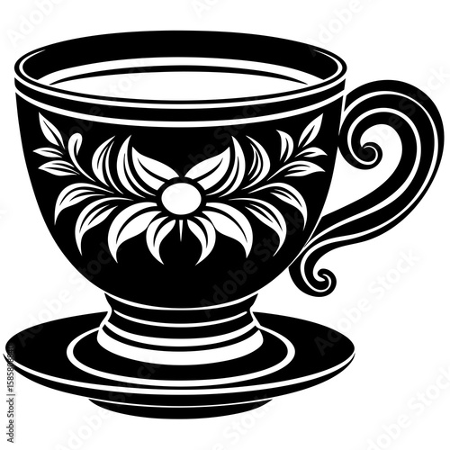 An elegant teacup and saucer with a decorative floral pattern, isolated on white