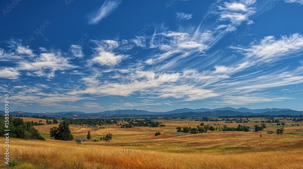 Obraz premium A panoramic view of golden fields under a vast blue sky with scattered wispy clouds and distant mountains on the horizon.