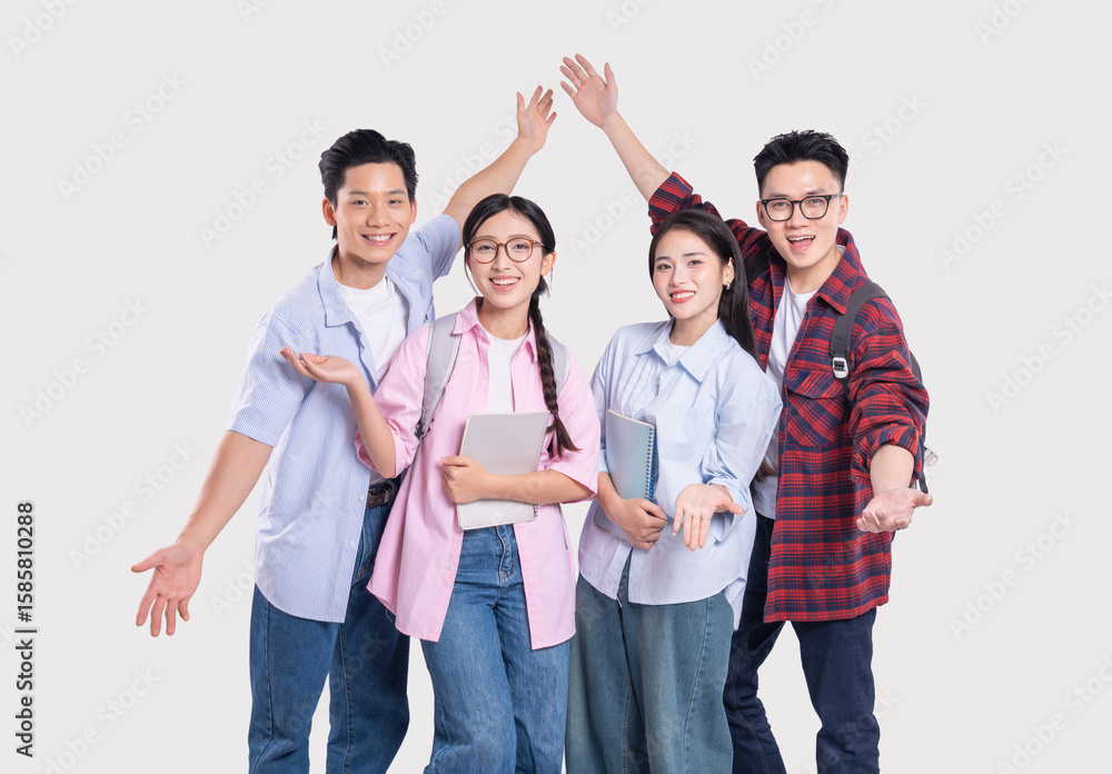 Obraz premium Enthusiastic students create a roof with their hands symbolizing teamwork and scholastic success