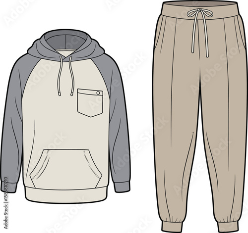 CAD drawing flat vector illustration of hoodie and jogger set, drawstring waist, ribbed cuffs, casual fashion garment, relaxed fit layout
