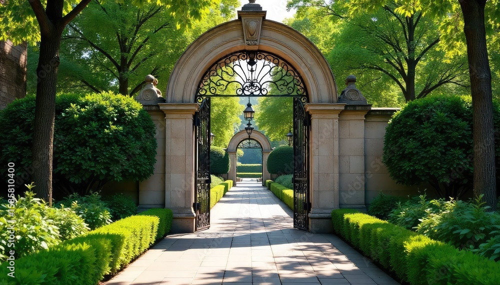 Fototapeta premium Elegant, arched gate entrance with intricate ironwork detail, leading to a lush, green garden Perfect for architectural, design, or landscaping projects , flowers, aesthetic