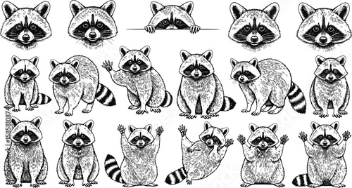 A collection of sketched raccoon illustrations offers various poses and expressions.