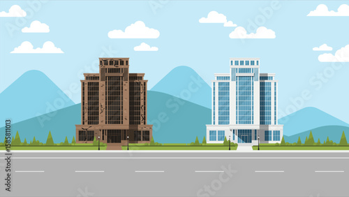 flat vector of before old broken and after renovated new building, flipping house concept