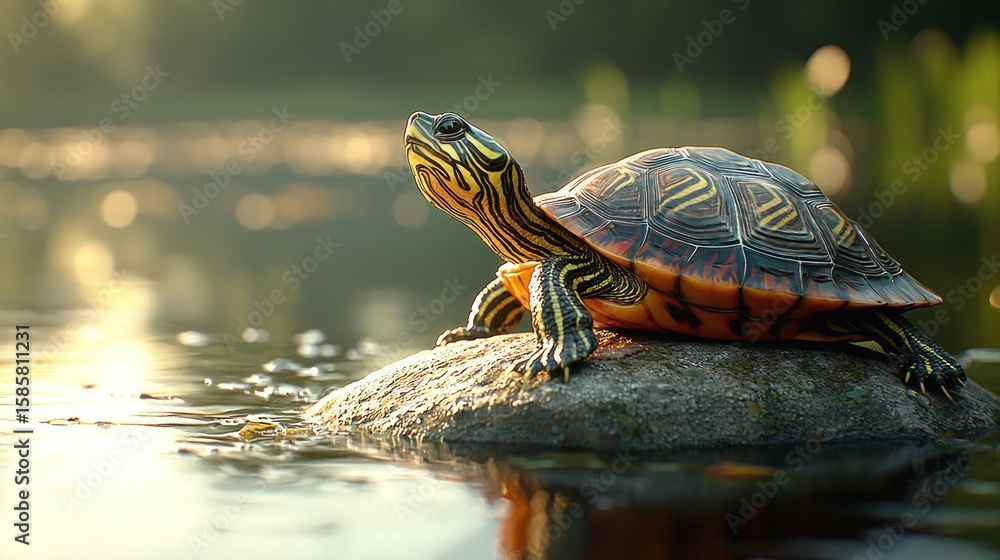Obraz premium A turtle basks on a rock in tranquil water, bathed in golden sunlight