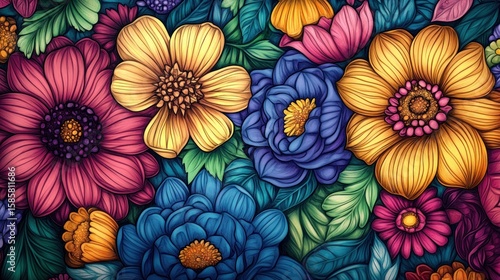 Wallpaper Mural Vibrant illustration of colorful flowers in a dense, detailed arrangement. Torontodigital.ca