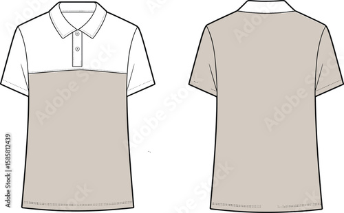 CAD drawing flat vector illustration of two-tone polo shirt, button collar, front back view, clean panel design, fashion sketch template