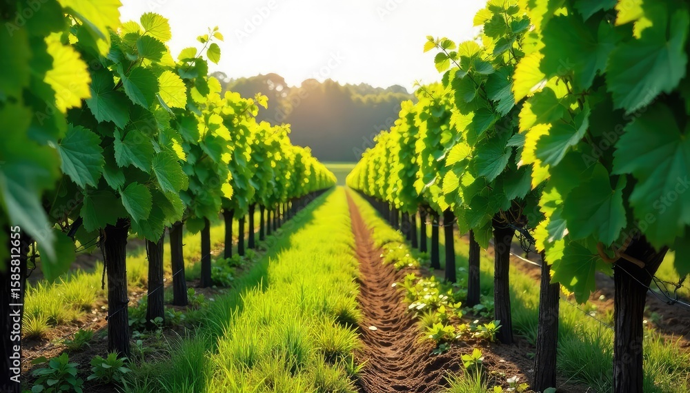 Fototapeta premium Lush green vines climbing trellises, sunlight dappling through leaves in a picturesque vineyard Perfect for wine country themes, agriculture, and nature imagery , peaceful, autumn, agriculture