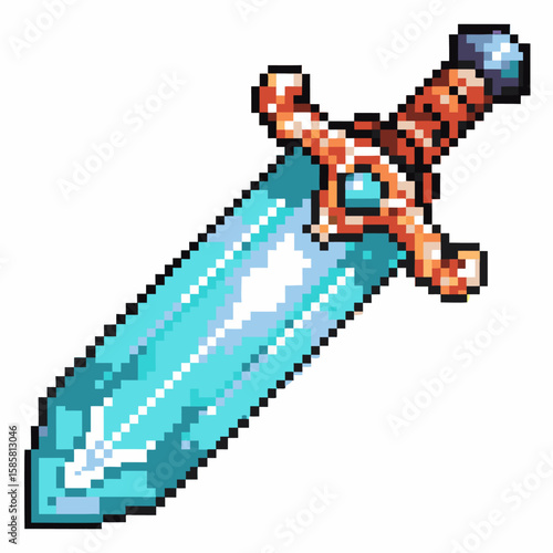 Pixel art sword with blue shining blade and brown hilt retro fantasy weapon, medieval adventure game asset illustration