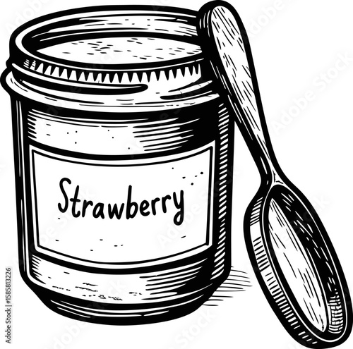 Strawberry jam jar and spoon illustration hand drawn glass container, preserved fruit spread, vintage sketch food concept