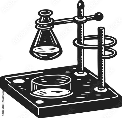 Laboratory glassware on stand with beaker and erlenmeyer flask vintage chemistry science equipment illustration concept