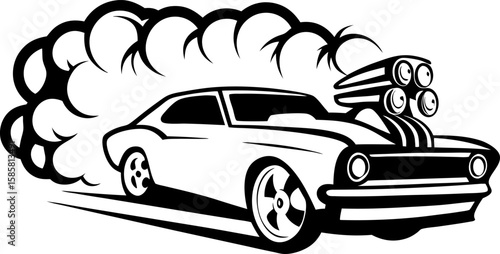 Muscle car burnout with smoke retro racing vehicle illustration, aggressive wheels, automotive power, custom vintage coupes