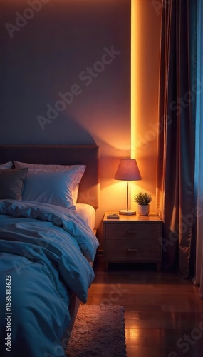 Relaxing bedside scene with soft, warm LED strip lighting under the bed frame, creating a calming ambiance for sleep Perfect for bedroom decor and interior design , bedroom, strip, illumination