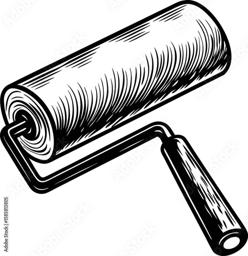 Ink sketch illustration of a paint roller tool hand drawn construction instrument for wall painting, renovation, home improvement concept