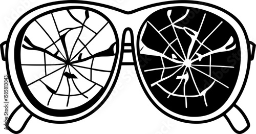 Broken shattered sunglasses with cracked lenses damaged eyewear outline symbolizing fragility, danger, and caution