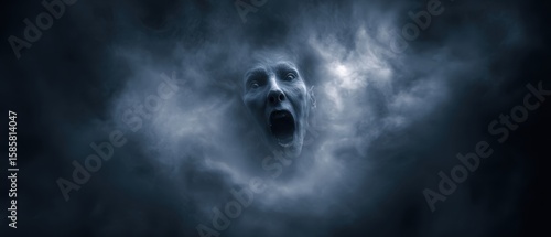 The haunting face emerging from dark, swirling smoke in a misty atmosphere.