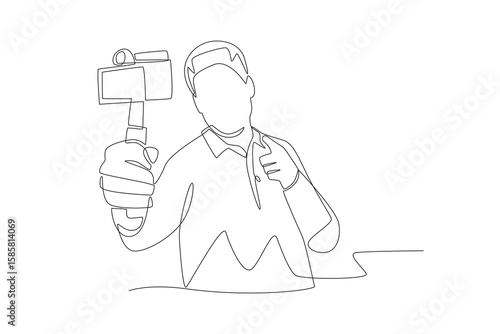 Man makes blog while traveling. Travel bloggers concept one-line drawing