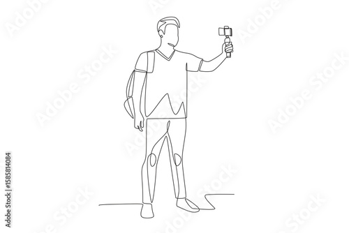 Man makes blog while traveling. Travel bloggers concept one-line drawing
