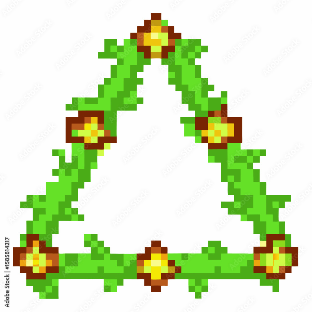 Fototapeta premium Pixel art triangle wreath with green leaves and yellow flowers, geometric retro botanical frame for digital design