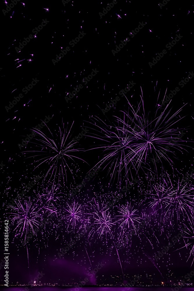 Fototapeta premium Purple fireworks explode against a dark night sky.