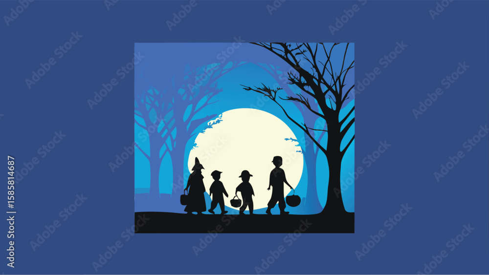 Fototapeta premium Silhouette of children trick or treating under a full moon in a spooky forest at halloween night