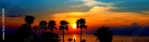 Silhouette palm trees at sunset over the ocean.