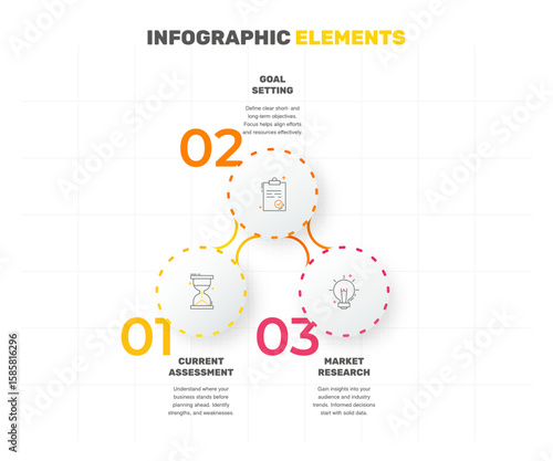 Modern and simple flat vector illustration. Infographic template with three circles, elements, sectors and percentages. Designed for business, presentations, web design, interface 3 step diagrams