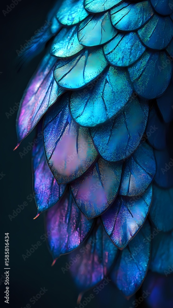 Fototapeta premium Vibrant iridescent butterfly wing scales in turquoise and purple hues create mesmerizing natural pattern with detailed macro texture on dark background.
