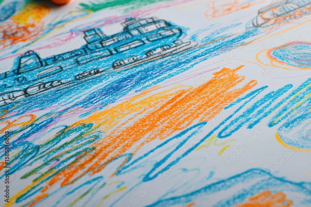 Obraz premium Bright and colorful abstract drawing featuring boats and water in a creative setting