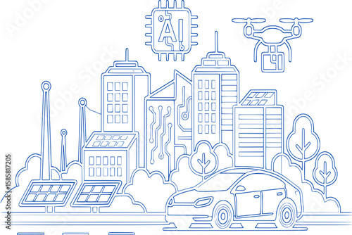 AI-Powered Smart City with Electric Car, Drones, and Green Energy – Vector Line Illustration