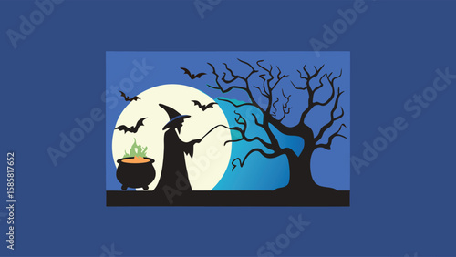 A halloween scene featuring a witch stirring a cauldron under a full moon with bats and a spooky tree silhouette
