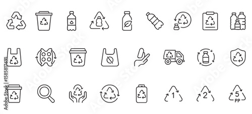 Plastic Recycling Line Icons Pack – Vector Icons for Waste Management, Eco-Friendly Packaging, Plastic Types, and Environmental Sustainability Projects