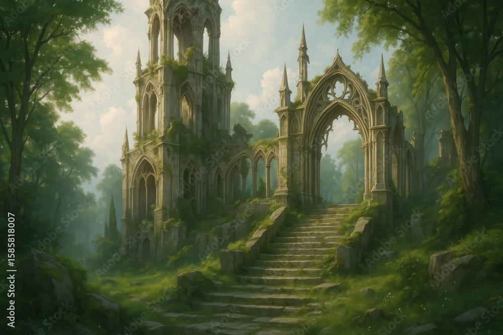 Enchanted gothic ruins amidst forest Enchanted gothic ruins amidst forest