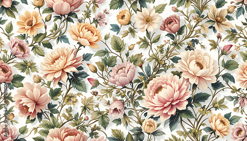 Elegant Floral Pattern with Peonies and Foliage.
