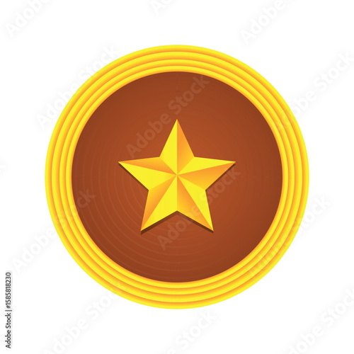 Golden badge with a 3D star on a brown center and circular gold border. Ideal for ranking, rewards, achievements, medals, game icons, competition graphics, or gamification design elements.