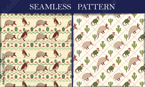 Cute Southwestern Pattern with Armadillos, Birds, and Cacti, Whimsical Desert Animals and Plants Repeat Pattern Design