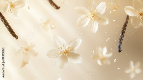 Floating vanilla beans and blossoms in soft light.