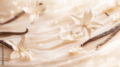 Creamy vanilla background with floating flowers and pods.