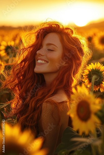 Sunset Golden Hour Portrait of a Redhead Woman in a Sunflower Field