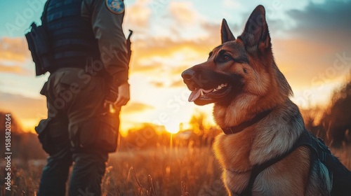 Police officer with a German Shepherd K9 dog at sunset- symbolizing companionship and duty.