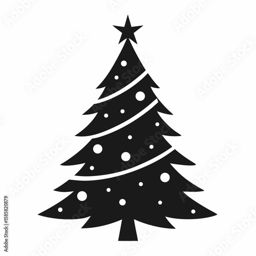 Classic black silhouette of a decorated Christmas tree with a star topper and ornaments perfect for holiday designs and celebrations
