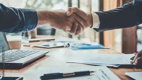 Two people shaking hands, signifying an agreement, over a table with contracts & devices