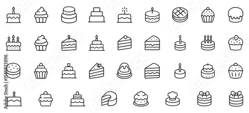Cake Line Icons Pack – Unique Dessert Vector Icons for Baking, Cupcakes, Birthday Cakes, Pastries, Celebrations & Party Designs
