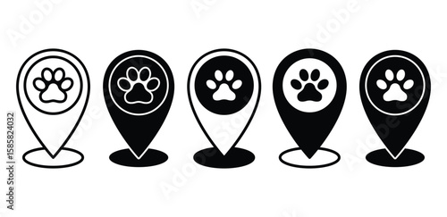 Gps Pet Tracker Icons Black And White Paw Print Location Markers Vector Design Illustration