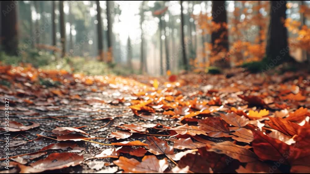 Autumn forest floor with fallen leaf scattered in orange and brown hues under soft sunlight creating warm peaceful nature scene Autumn forest floor with fallen leaf scattered in orange and brown hues under soft sunlight creating warm peaceful nature scene