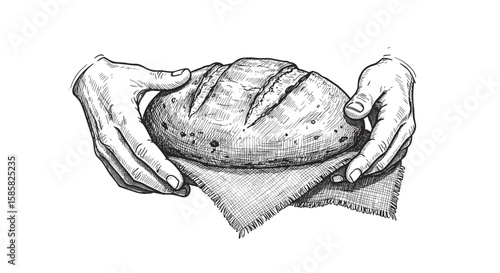 Vintage Round Bread in Hands with Cloth – Hand Drawn Black and White Ink Sketch, Woodcut or Engraving Style for print

