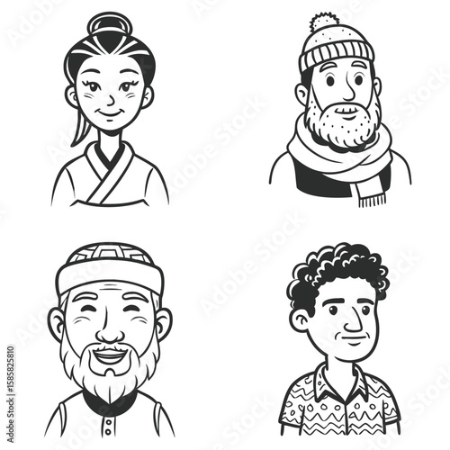 Cartoon avatars of people in traditional and regional clothing: Asian woman in kimono, Middle Eastern elder, European man in scarf, and curly-haired Latino man Cultural diversity concept for education