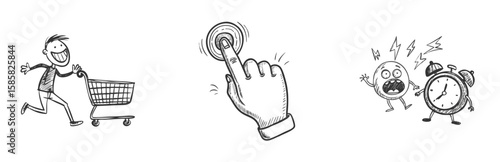 Cartoon set of shopping man, finger pressing button, and alarm clock character yelling. Hand-drawn doodle style, isolated sketches. Daily urgency concept for marketing, retail, and productivity apps.